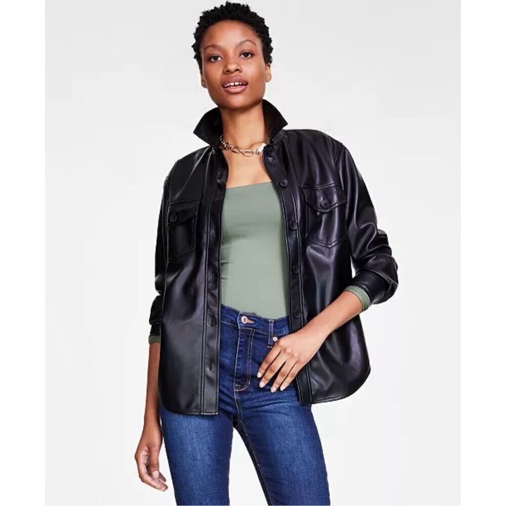 Crave Fame Juniors' Faux-Leather Button-Front Shacket Black Size XS